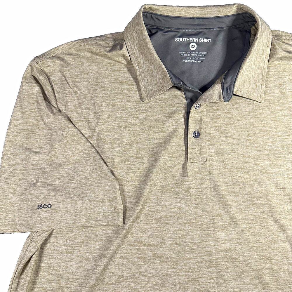 Southern Shirt Co Men 2X Polo Shirt Khaki Heather Performance Short Sleeve SSCO